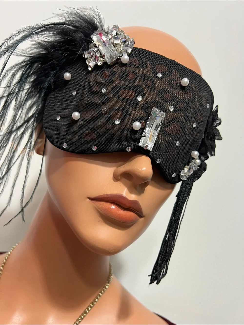 Black Embellished Feathered Masquerade Eye Mask